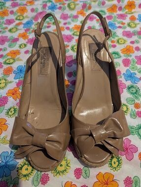 Valentino Nude Patent Bow Peep-Toe Slingback Wedges